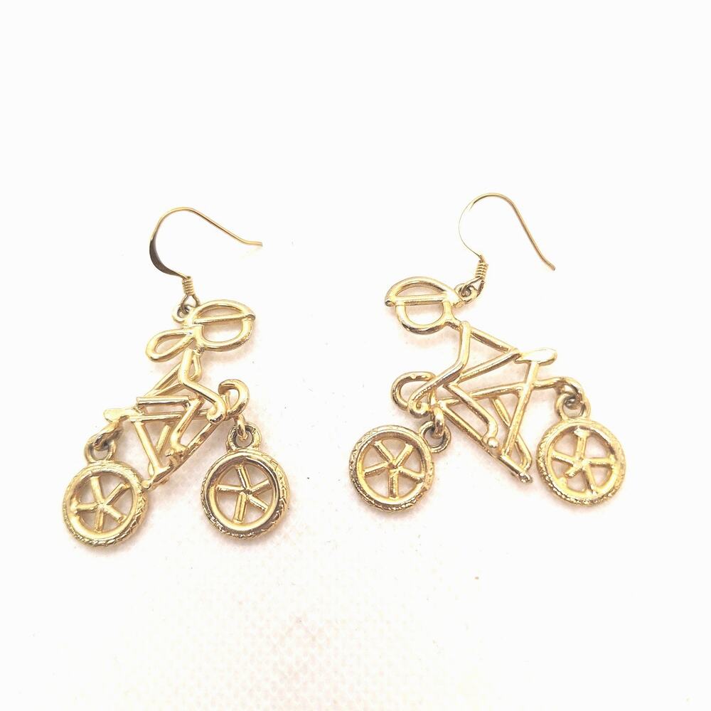 Bicyclist Earrings Gold Tone Fishhook Ear Wires